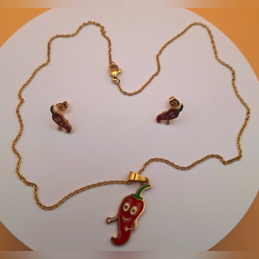 Gold and Red Chili Pepper Jewelry Set Stainless Steel